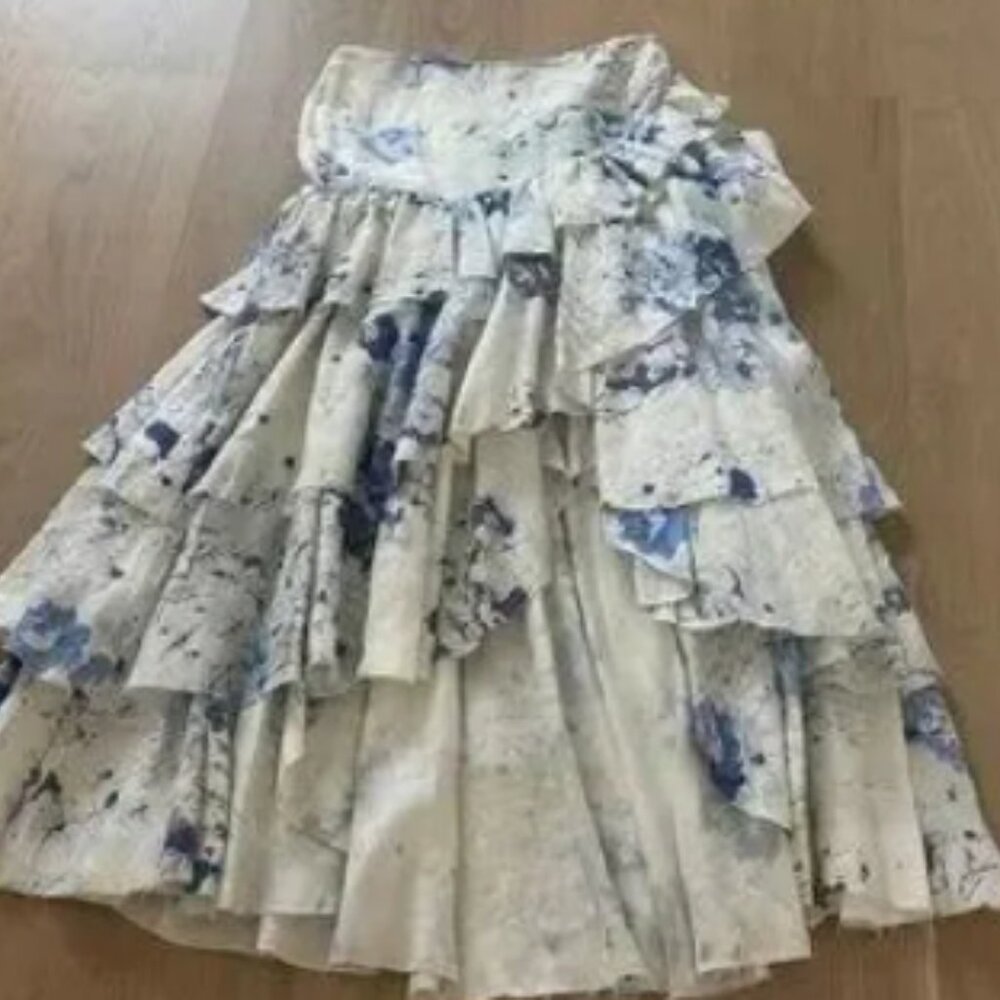 Floral Ruffle Skirt - Blue and White